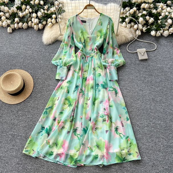 Women's Clothing Gentle Printed Lantern Sleeves V Neck Dress For Women In Summer With Slim Waist And Long Swing For Light Luxury Long Skirt_ecoleips.com