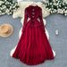 Women's Clothing Lace Trim Dress – Bow Accent, Waist-Defining Pleats, Long Sleeve Elegance"_ecoleips.com
