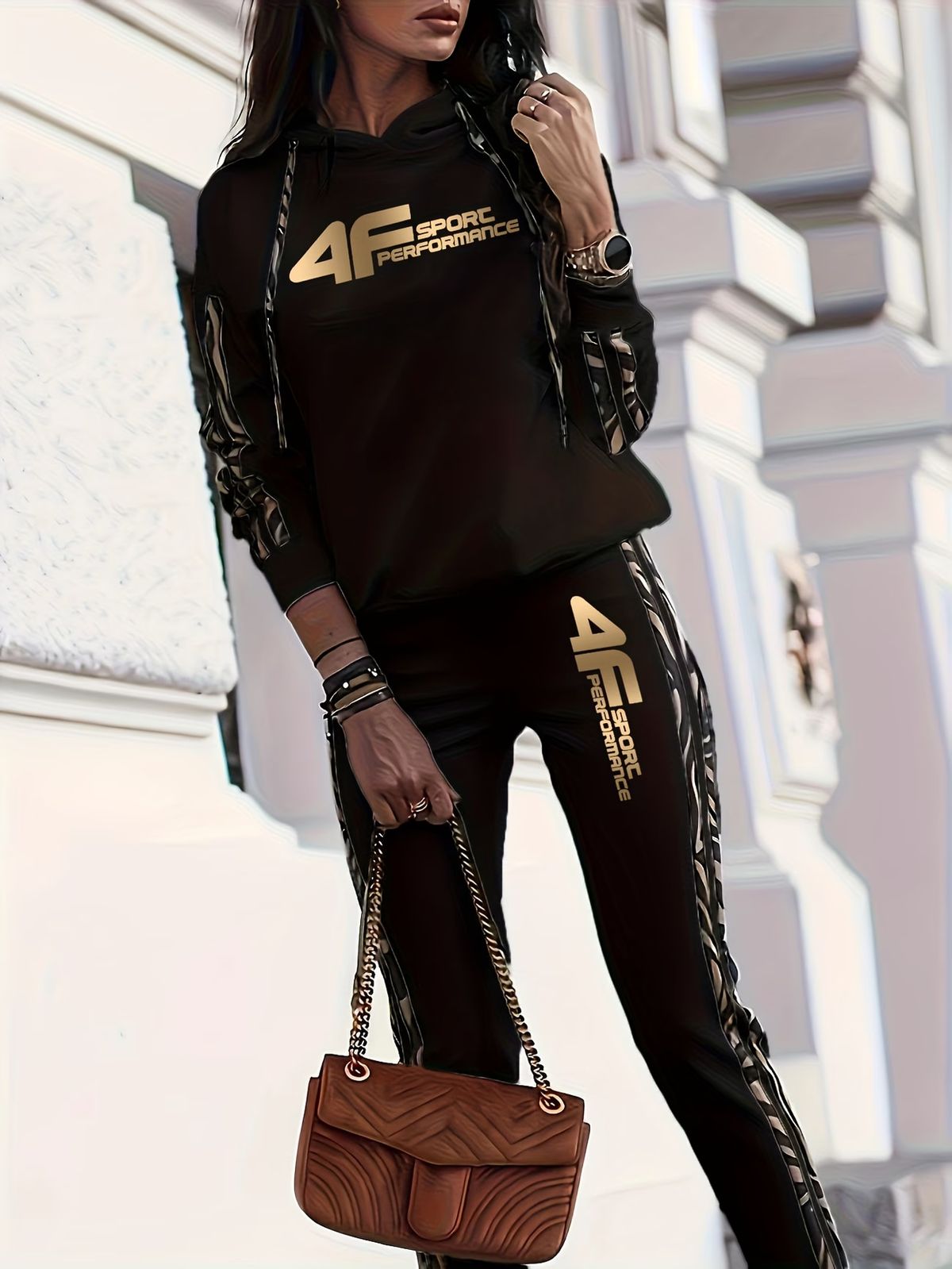 Women's Casual Hooded Loose Fit Side Stripe Letter Print Comfortable Sportswear Set_ecoleips.com