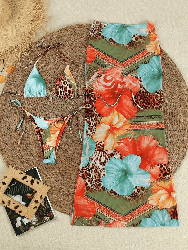 Women's Three Piece Bikini Set 2025 European Style Printed Triangle Cup Quick Drying Long Skirt Cover up Swimsuit for Adults_ecoleips.com