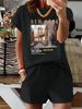 Summer New Black New York Pattern T-shirt, Casual Printed Round Neck Short Sleeved Top With Elastic Waist Pocket, Women's Two-piece Set-284_ecoleips.com