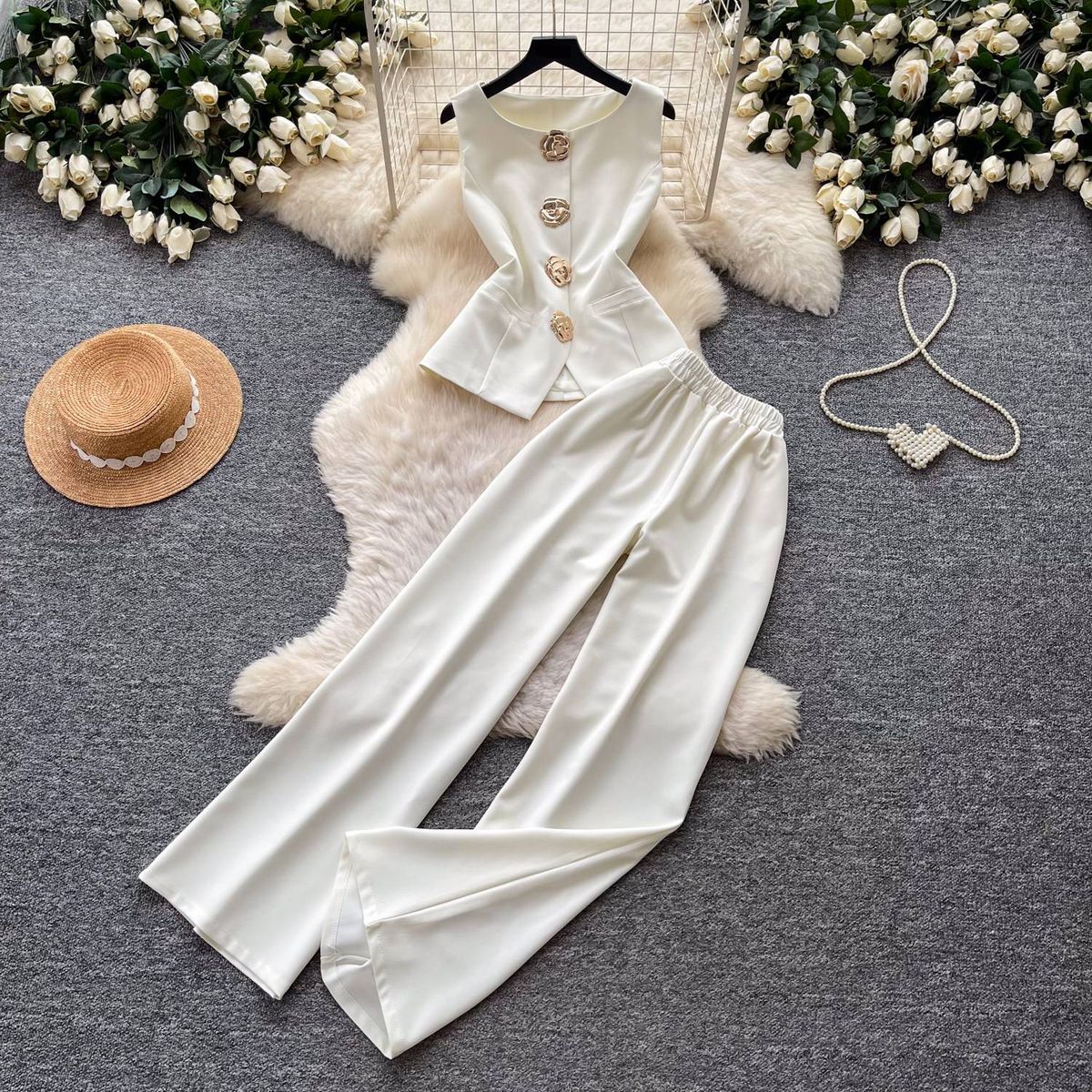 Women's Clothing Women's Style Two Piece Set Summer Slimming Effect Vest And Wide Leg Pants 3D Floral Decoration Commuter Style_ecoleips.com