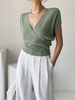 Women Lightweight Breathable Thin Vertical Rib Knit Sweater, Wrap Surplice V Neck Short Sleeve Loose Fit Slim Waist Summer Casual Knitted Top_ecoleips.com