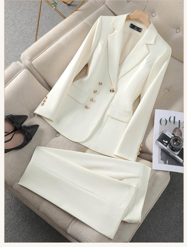 Women's Clothing Elegant Stretch-Fit Women's Business Suit Set - Professional Blazer & Pants Office Wear, White, Polyester-Spandex Blend, S-XXL_ecoleips.com