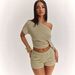 Hot-selling Striped Slanted Shoulder Loose Shoulder Top High Waist Shorts Set, Slim Two Pieces_ecoleips.com