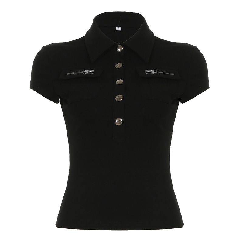 Trendy Zip-Up Polo Collar Cargo Shirt With Pocket - Stylish Streetwear Top For Women, Versatile Casual Wear, Slim Fit Short Sleeve Blouse_ecoleips.com