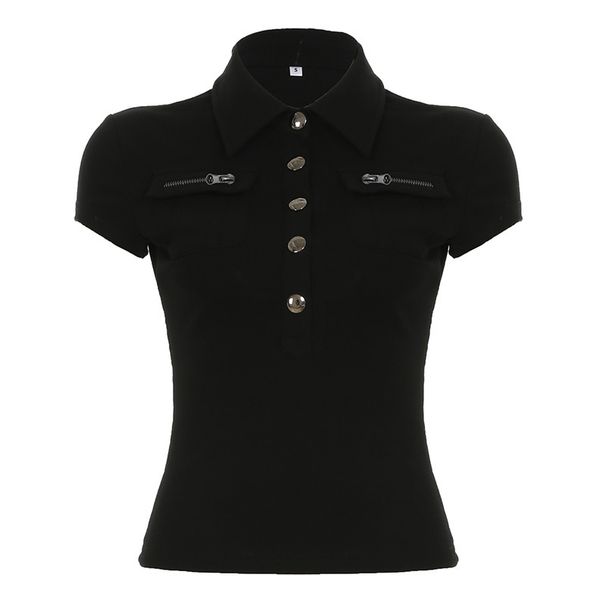 Trendy Zip-Up Polo Collar Cargo Shirt With Pocket - Stylish Streetwear Top For Women, Versatile Casual Wear, Slim Fit Short Sleeve Blouse_ecoleips.com