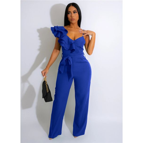 Women's Ruffled One-Shoulder Sleeveless Jumpsuit Deep V Neck Loose Fit Solid Color European American Style_ecoleips.com