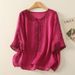 New Chinese Style Cotton-Linen Embroidered V-Neck Short-Sleeve Top, Summer Loose Casual Elegant Mid-Sleeve T-Shirt For W_ecoleips.com