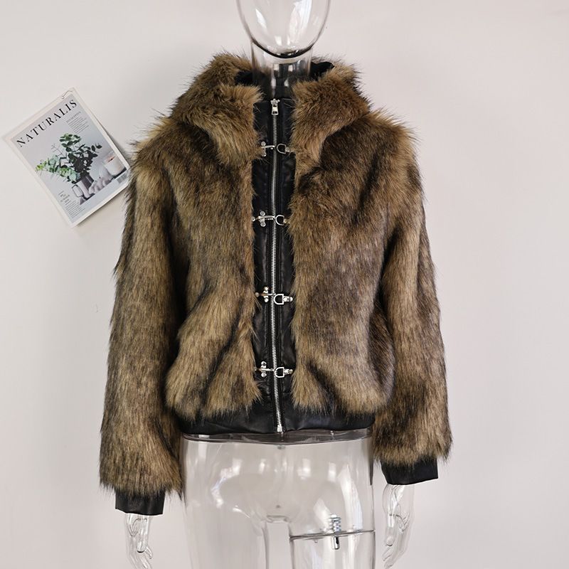Faux Fur Zip-Up Jacket With Metal Buckles Oversized Streetwear Coat Hooded Winter Outerwear For Women_ecoleips.com