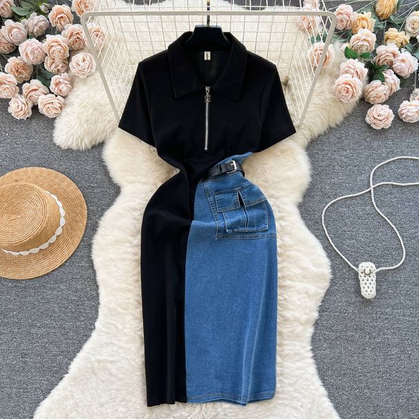 Women's Clothing Retro Denim Skirt Design Sense Contrast Color Stitching Slim Fit Medium And Long Short Sleeve Temperament Dress_ecoleips.com