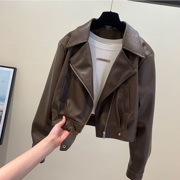 Women's Short Pu Leather Jacket Slim Fit Faux Leather Cropped Biker Jacket With Lapel Casual Chic Blazer For Spring Autumn_ecoleips.com