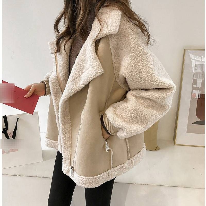 Cozy Faux Suede Bomber Jacket – Oversized Cropped Shearling-Lined Zip-Up Coat For Petite Women | Winter Streetwear In Khaki & Beige (S-XXL)_ecoleips.com