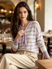 Lavender Stripe Eyelet Rib Knit Top, Loose Lightweight Breathable Tie V Neck Jumper, Soft Skin-touch Hollow Long Sleeve Pullover_ecoleips.com