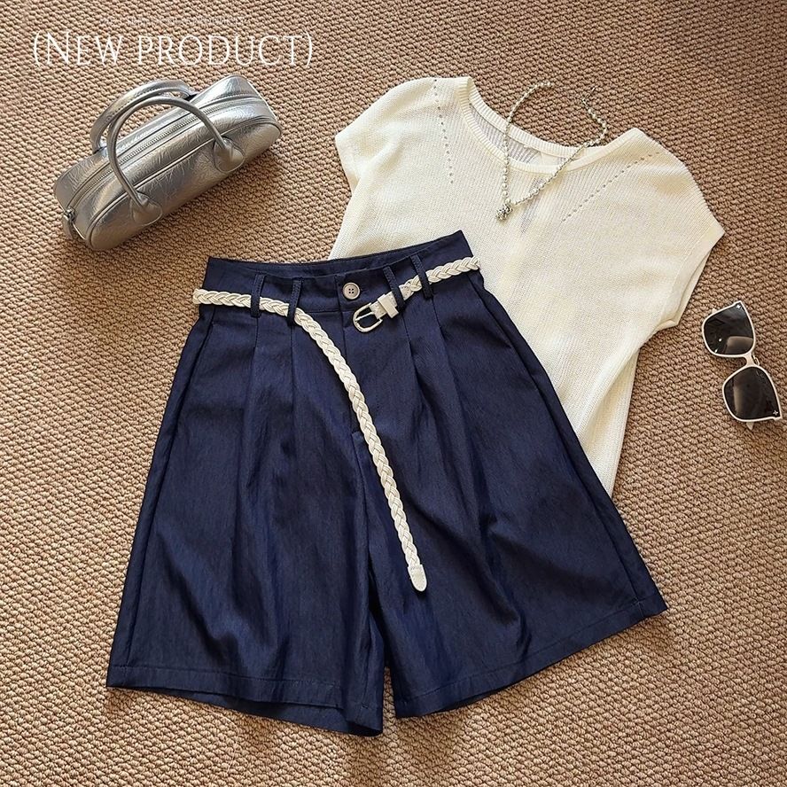 Tencel Denim Shorts For Women, High Waist A-Line Wide Leg Mid-Length Shorts, Casual Straight Cut Trousers With Free Belt_ecoleips.com
