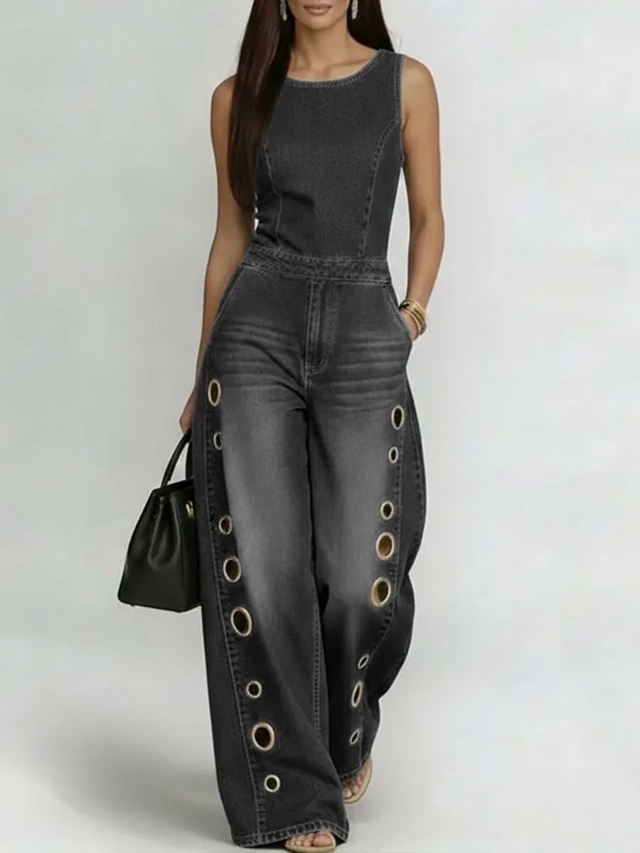 Women's High-Waisted Loose-Fitting Metallic Eyelet Design Hollowed out Denim Jumpsuit European American Street Style_ecoleips.com