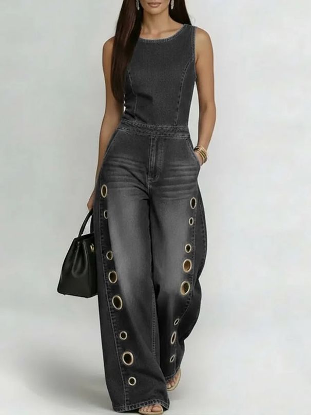 Women's High-Waisted Loose-Fitting Metallic Eyelet Design Hollowed out Denim Jumpsuit European American Street Style_ecoleips.com