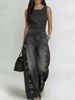 Women's High-Waisted Loose-Fitting Metallic Eyelet Design Hollowed out Denim Jumpsuit European American Street Style_ecoleips.com