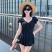 Sweet Ruffle Sleeve One Piece Swimsuit Dress With Bow Front Ruched Waist Flared Skirt Modest Swimwear For Beach Pool Vacation_ecoleips.com