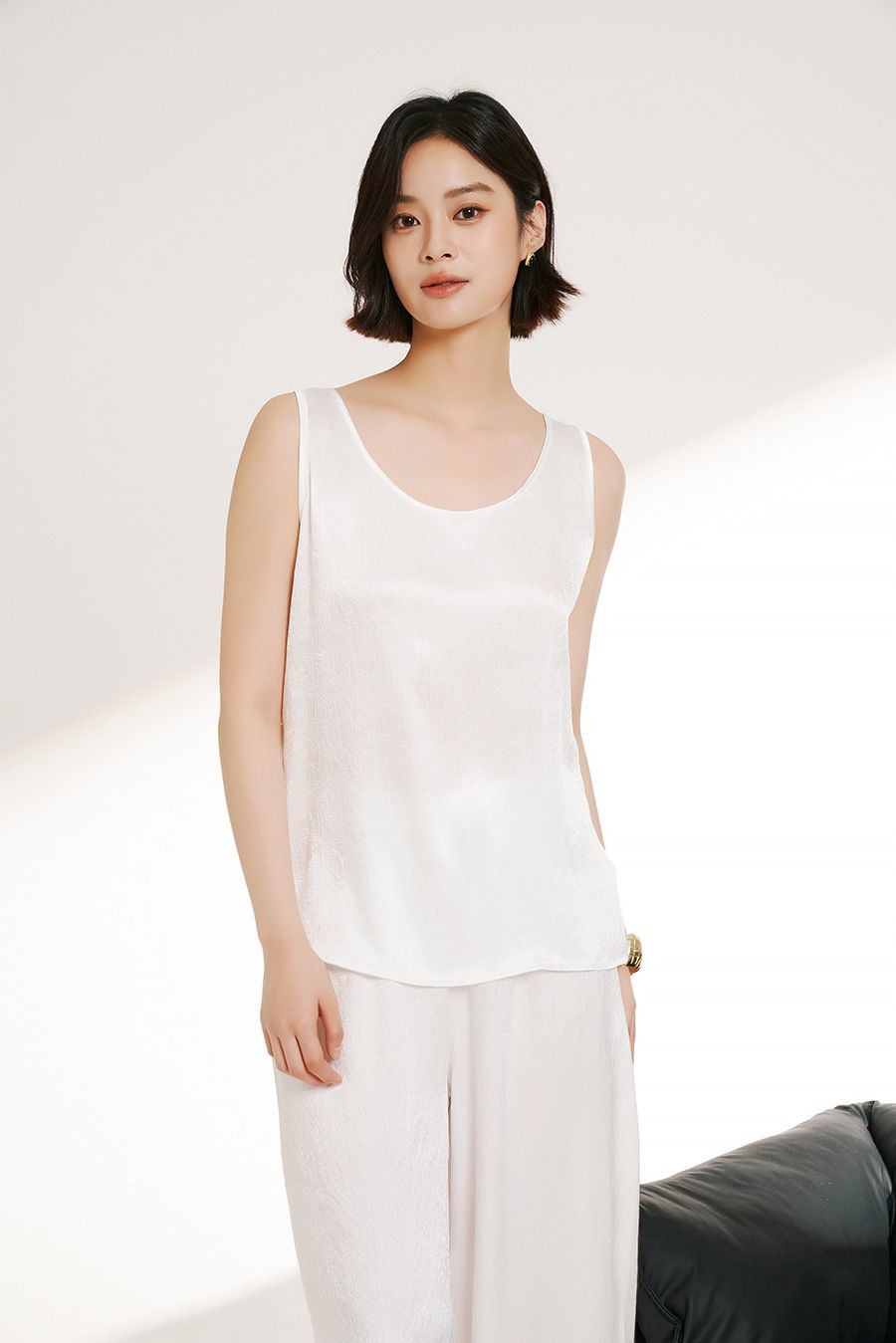 Women's Base Layer Top, Silk Fabric Gold Shimmer, Ruched, Summer Sleeveless, Large Round Neck, Can Be Worn Outerwear,_ecoleips.com