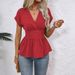 Women's Solid Color Raglan Sleeve V Neck Slim Waist Pleated T Top Spring Hot Selling_ecoleips.com