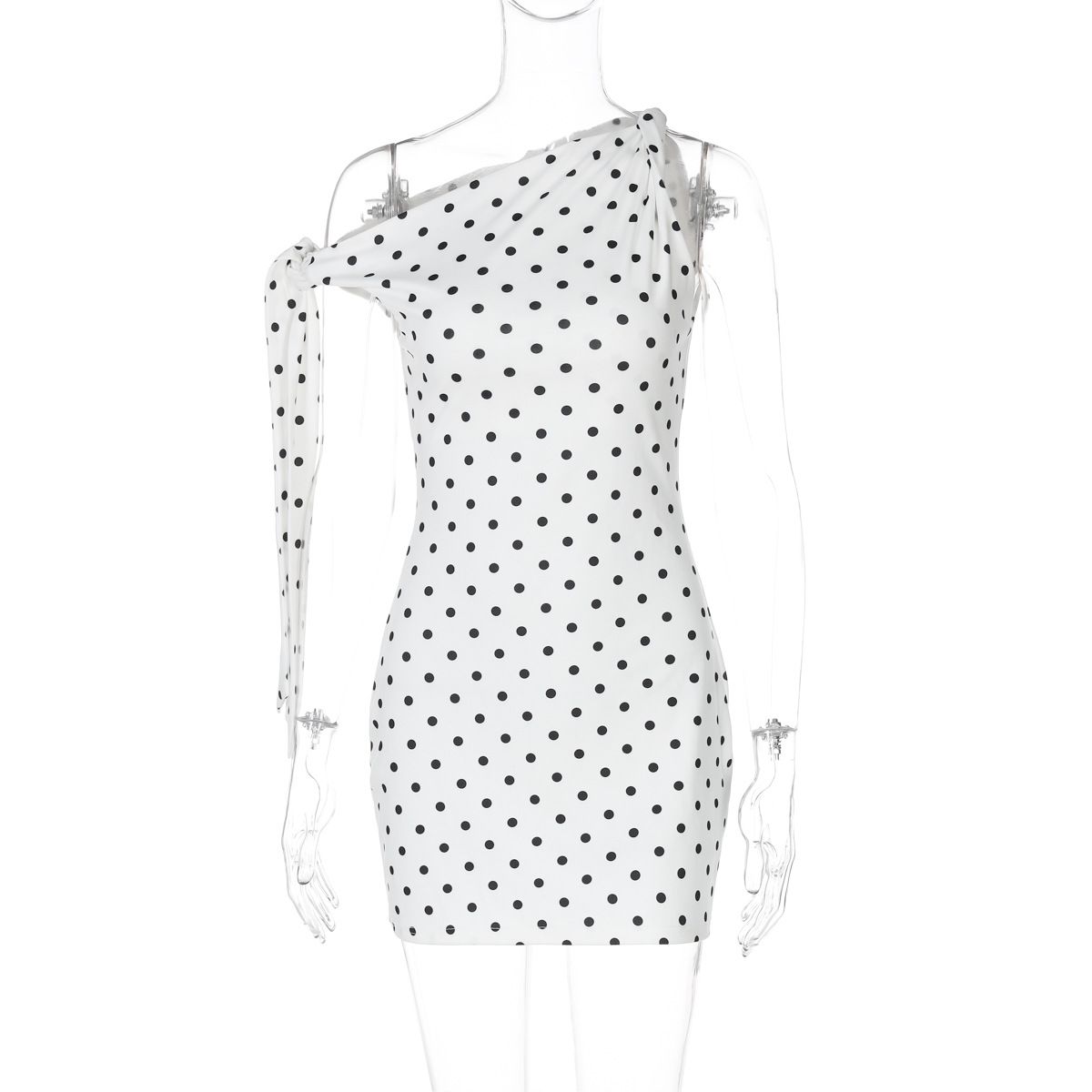 Women's 2025 Spring Summer New Fashion Sexy Polka Dot Print Asymmetrical Shoulder Tie Slim Fit Bodycon Dress_ecoleips.com