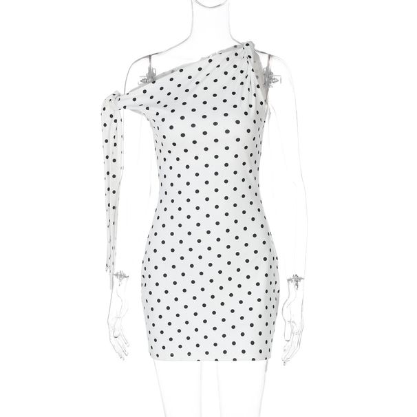 Women's 2025 Spring Summer New Fashion Sexy Polka Dot Print Asymmetrical Shoulder Tie Slim Fit Bodycon Dress_ecoleips.com