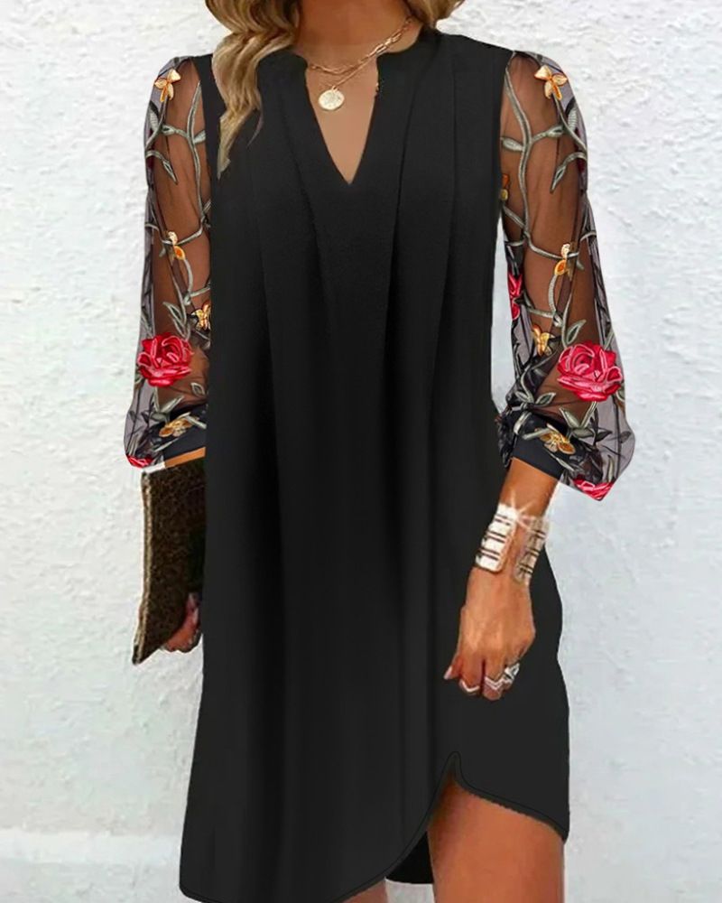 Women's V Neck Long Sleeve Floral Pleated Dress Sheer Style Summer New Arrival_ecoleips.com