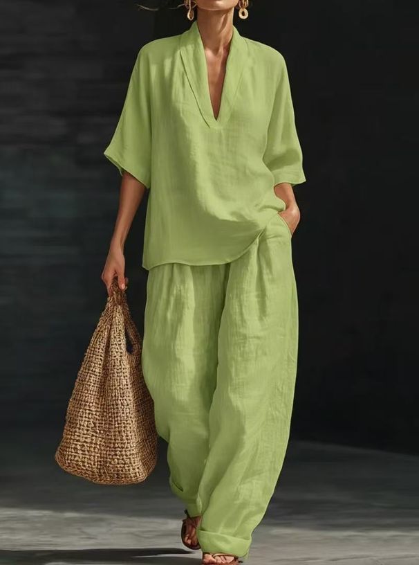 Women's Summer Casual Fashion Linen Two Piece Set V Neck Short Sleeved Wide Leg Pants European American Style Cross Border E Commerce 2026 New_ecoleips.com