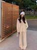 Women's Autumn Winter Wool Sweater Set V-Neck Knit Wide Leg Pants Loose Fit Casual Two-Piece Outfit Cozy Ins Style_ecoleips.com
