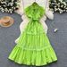 French Elegant Retro Hollow Lace Patchwork Waist Small Flying Sleeve Dress Female Slim Temperament Long Skirt_ecoleips.com