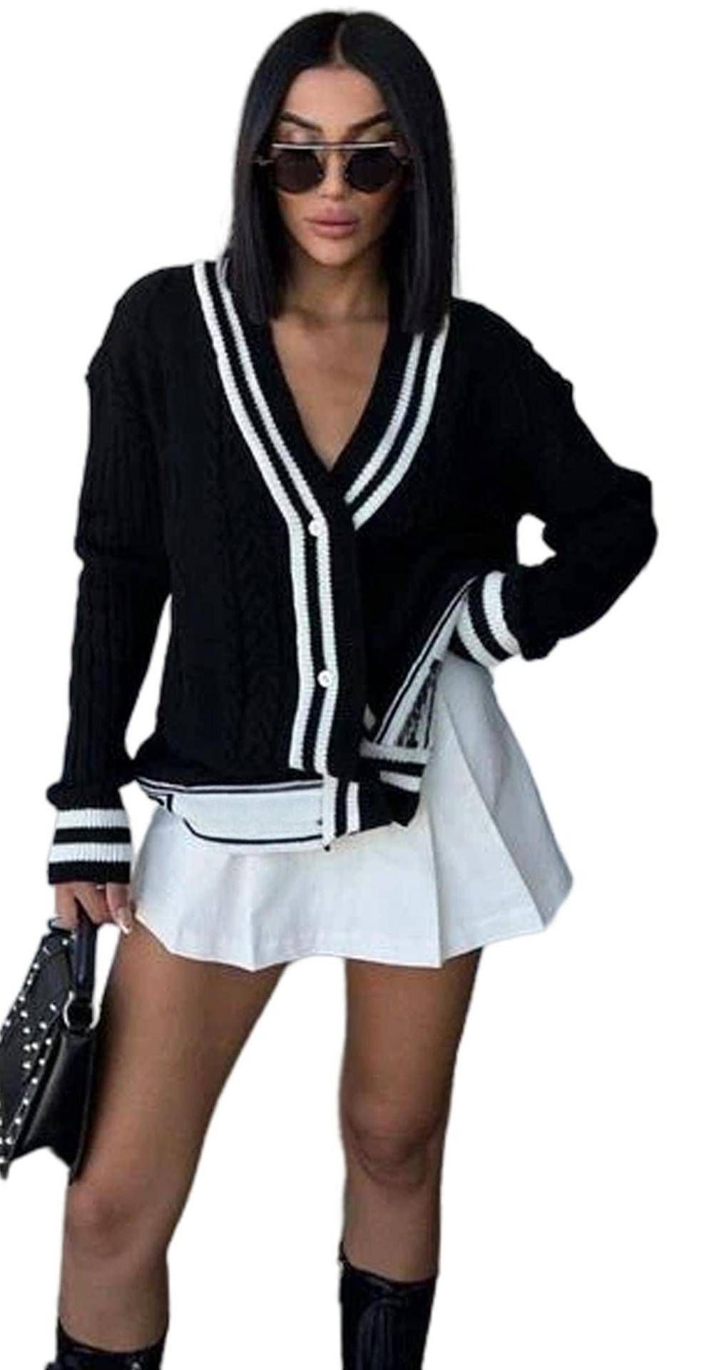 New Cardigan V-neck Embroidered Temperament Black And White Color Matching Slim Fit Cardigan Sweater Jacket_ecoleips.com