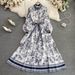 European-Inspired Wrap Waist Floral Dress – A-Line Swing Hem & Notched Collar (Sizes M-2XL, Premium Chambray Blue)_ecoleips.com