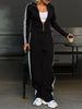 Women's Autumn/Winter Striped Patchwork Cardigan And High-Waisted Straight-Leg Pants Two-Piece Set_ecoleips.com