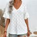 Cross-Border Foreign Trade Knitted Embroidered Hollow Out Ruffled V-Neck Short Sleeve Top T-Shirt Women's Spring Autumn_ecoleips.com