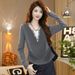 Spring/Autumn Versatile V-Neck Fake Two-Piece Color-Blocked Long-Sleeve Base Shirt, Rhinestone Design For Women, Plus Si_ecoleips.com