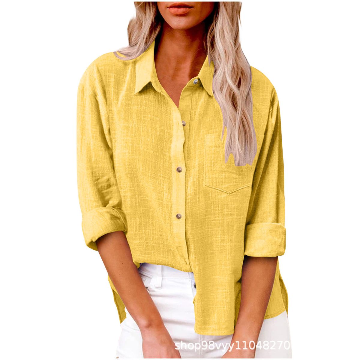 Women's Long Sleeve Shirt Autumn Pocket Solid Color Turn down Collar Button up Foreign Trade Top for Women_ecoleips.com