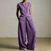Women's Casual V Neck Pleated Textured Two Piece Set High Waisted Independent Website Bestselling Summer Pant Ensemble_ecoleips.com