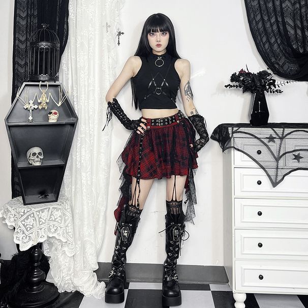 Women's Sexy Black Plaid Polka Dot Mesh Puff Skirt Irregular Style Summer 2025 New Arrival Dark Theme for Women_ecoleips.com