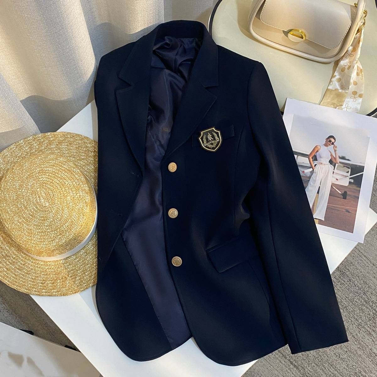 Women's Clothing Navy Blue Design Sense College Style Suit Jacket_ecoleips.com
