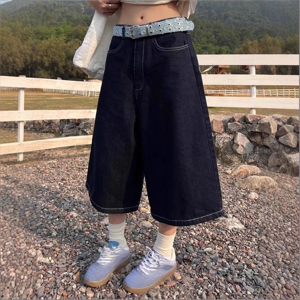 Women's Clothing Women's Korean Cow Trendy Wide Leg Cropped Jeans Washed Retro Old Blue Embroidered Loose Fit Denim_ecoleips.com