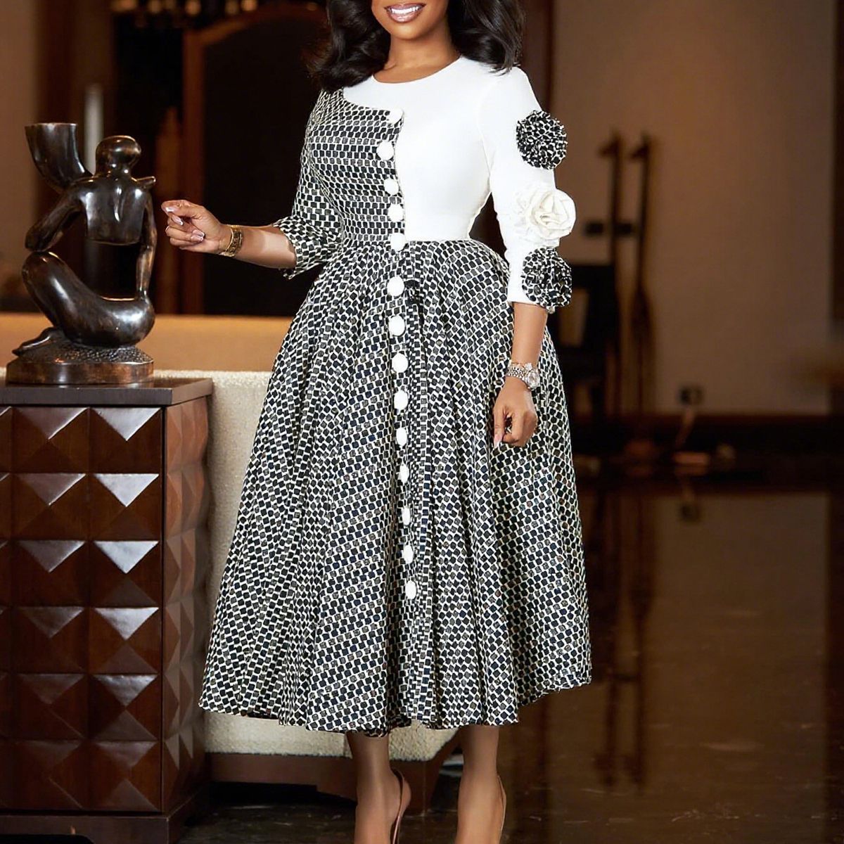 Women's Elegant Print-Paneled Dress | Afro-Chic Short Sleeve A-Line Midi Dress | High Waist Floral & Geometric Fusion (Red/White/Blue, S-XXXL)_ecoleips.com