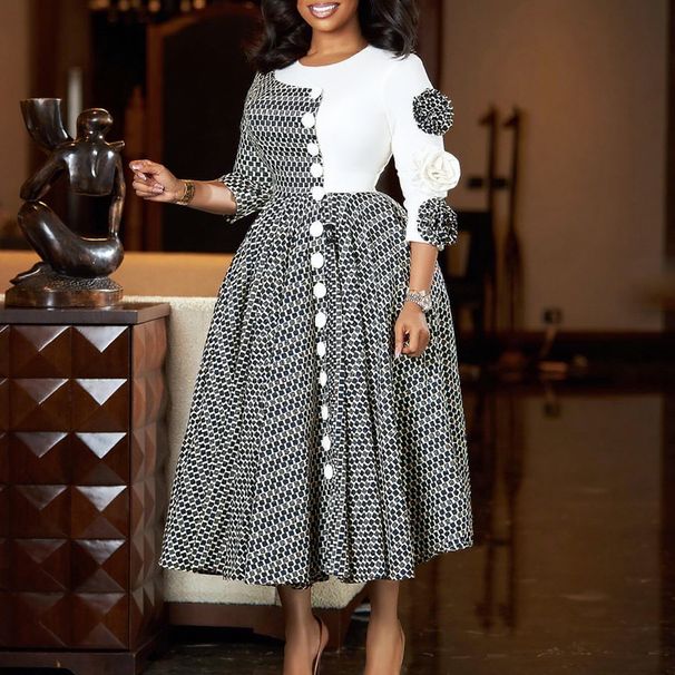 Women's Elegant Print-Paneled Dress | Afro-Chic Short Sleeve A-Line Midi Dress | High Waist Floral & Geometric Fusion (Red/White/Blue, S-XXXL)_ecoleips.com
