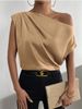 Verve 2025 Spring Solid Color Satin Silk Irregular Asymmetric Off-Shoulder Pullover Sleeveless Shirt For Women_ecoleips.com