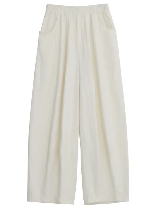 CHIC VEN Women White Pants Solid Casual Elastic Waist High Waisted Pleated Wide Leg Female Trousers Fold Summer 2025 Clothing_ecoleips.com