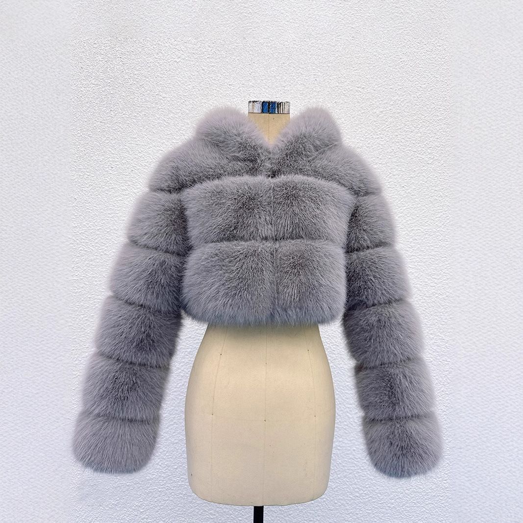 Women's Faux Fox Fur Coat With 6-Section Sleeves - Short High-Waist Hooded Fashion Jacket, Trendy Streetwear Outerwear_ecoleips.com