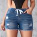 Women's Clothing Summer New Elastic Waist Ripped Tassel Rough Elastic Denim Shorts Women_ecoleips.com