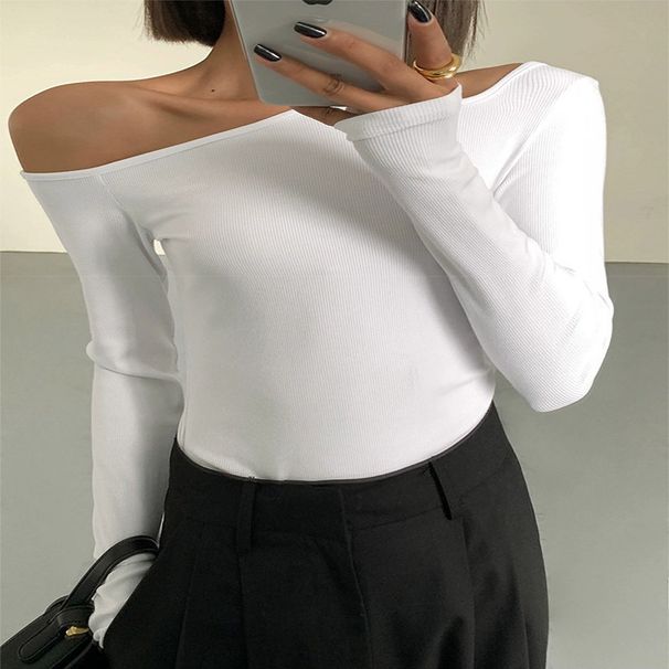 Women's Black One Shoulder Long Sleeve Shirt Sexy Bottoming Top Tight Fitting Clavicle Strapless Autumn T-Shirt All Match_ecoleips.com