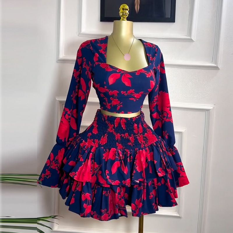 Women's Clothing Sweet And Fresh Printed Square Collar Long Sleeved Shirt High Waist Ruffled Skirt Two Piece Suit_ecoleips.com
