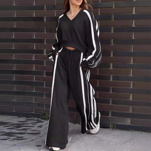 Women's Casual Solid Color V-Neck Top With Drawstring Jogger Pants Two-Piece Lounge Set – Comfortable & Stylish Sportswear For Everyday Wear_ecoleips.com
